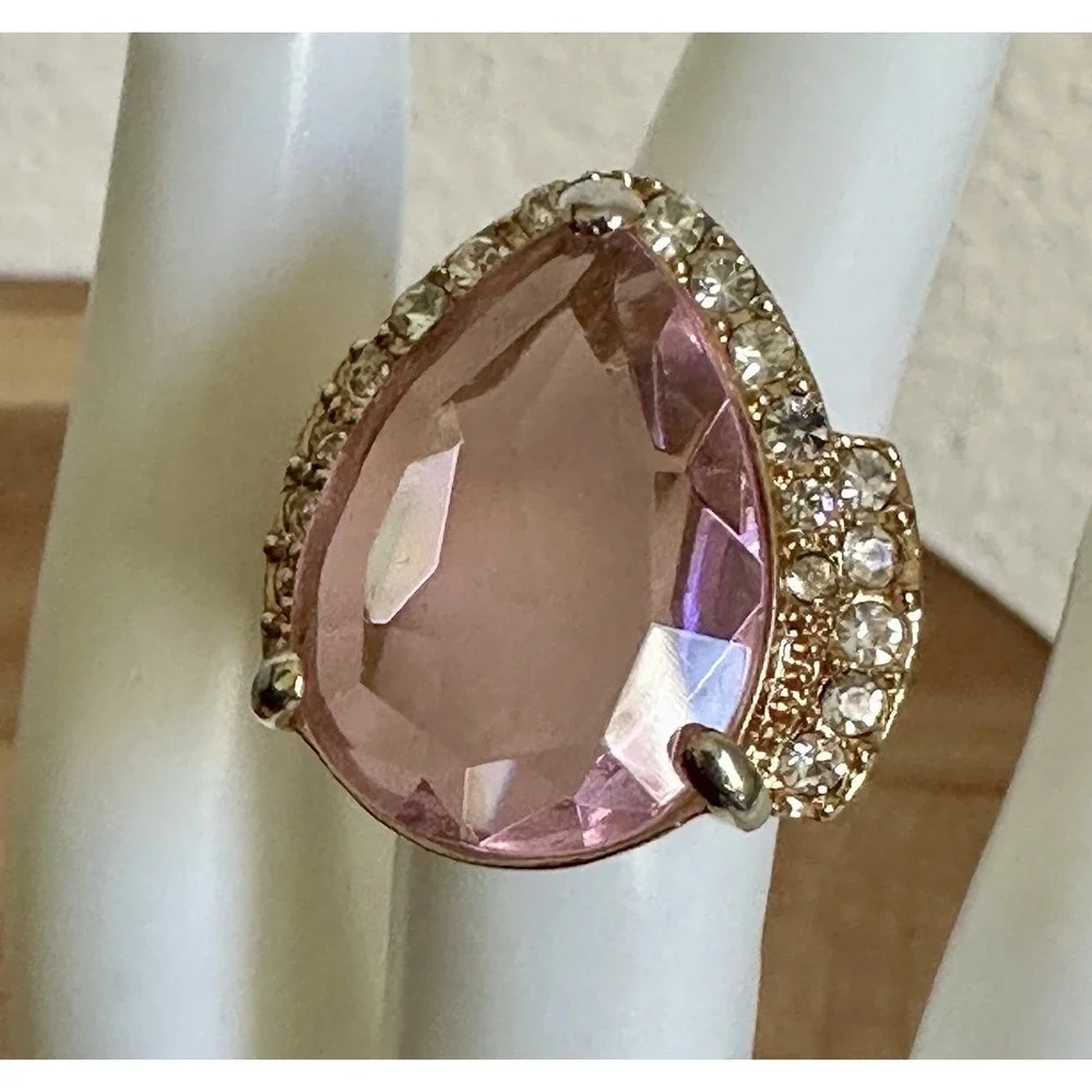 Vintage Arnold Scaasi Cocktail Ring Size 6 Pink Clear Crystals Gold Plate Signed